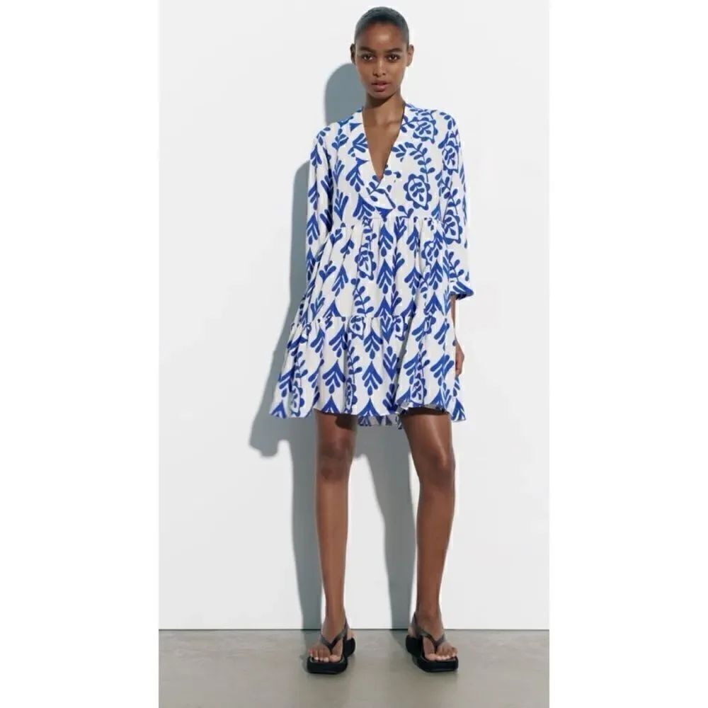 Zara ECRU PRINTED SHORT DRESS Size S